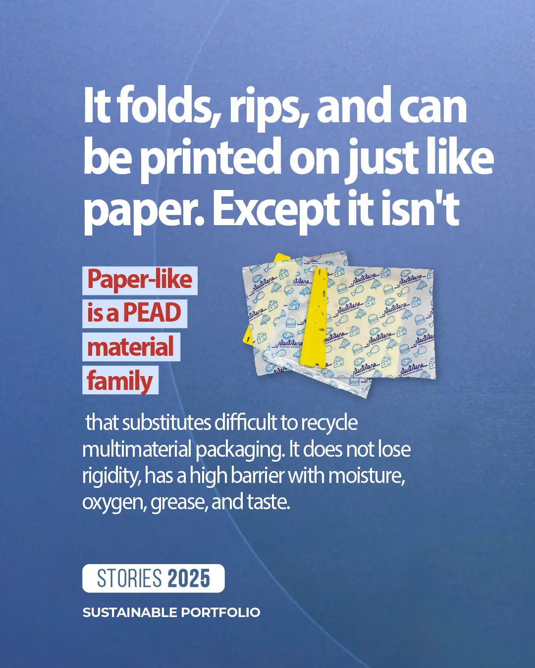 Paperlike HDPE material that folds and tears like paper, a recyclable alternative to multimaterial packaging.