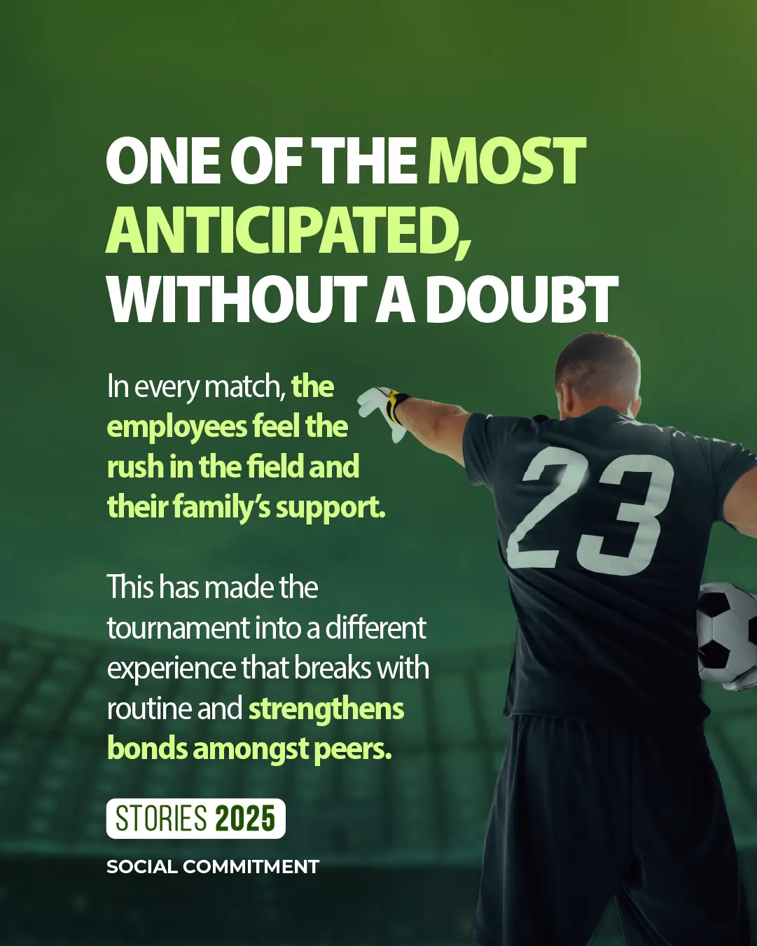 Goalkeeper on the field, highlighting family support from the stands and the bond between colleagues during the tournament.