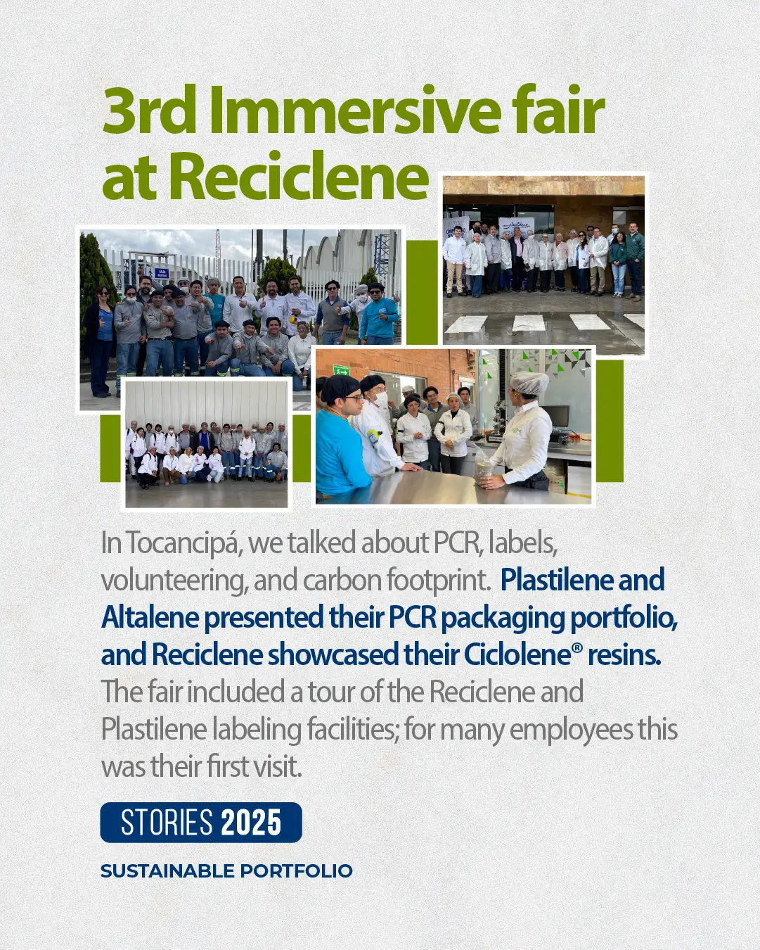 Third immersion fair at Reciclene Tocancipá, presenting Ciclolene resins and the PCR packaging portfolio.