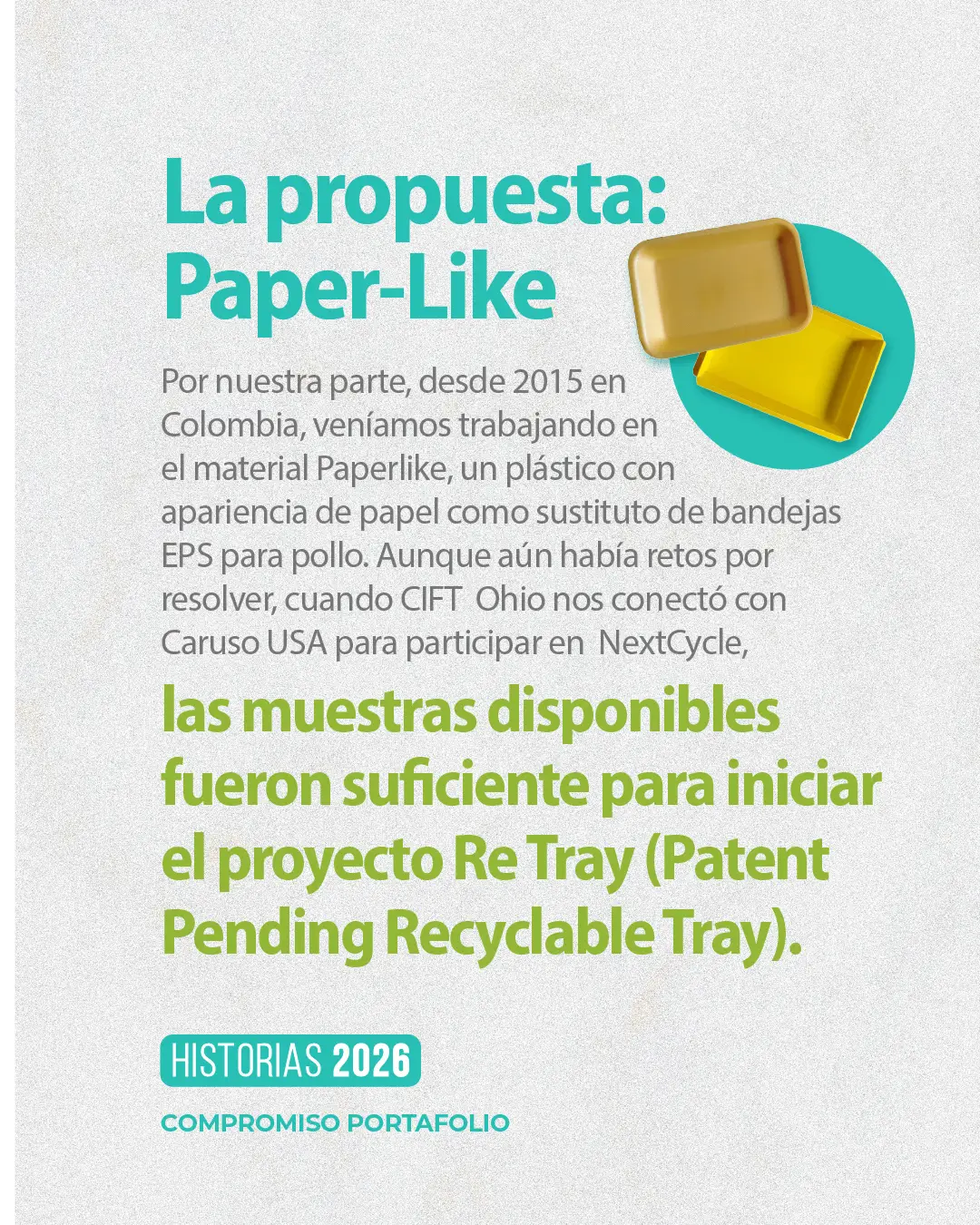 Infografía de ReTray comparando las ventajas ambientales de sus bandejas reciclables frente al EPS tradicional.